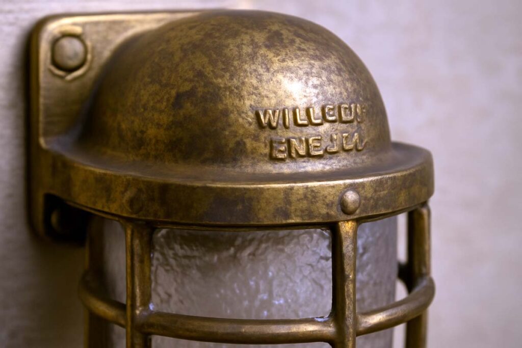 Close-up details of authentic brass nautical wall light with patina and manufacturer’s mark