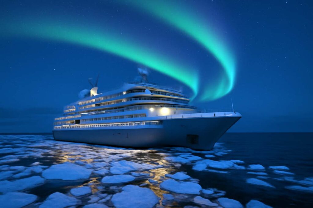 Ice-reinforced cruise ship sailing safely through Arctic waters under Northern Lights