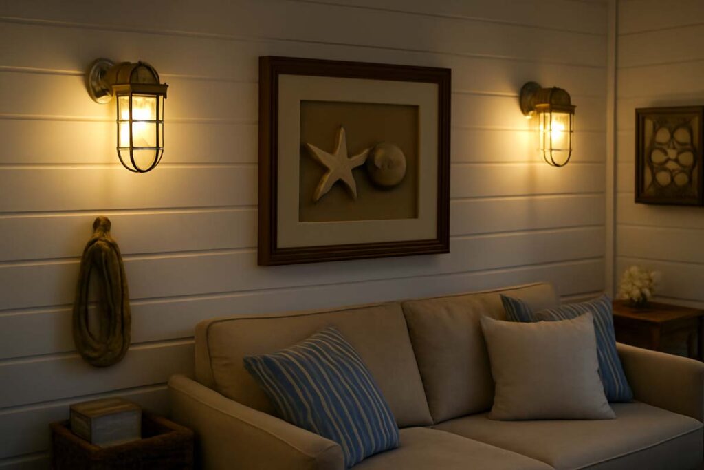 Nautical wall lights mounted in a cozy coastal-themed living room