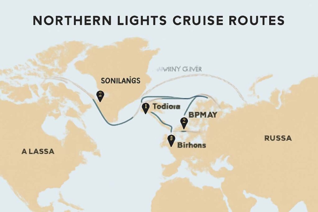Detailed map highlighting popular Northern Lights cruise routes in Arctic and sub-Arctic regions