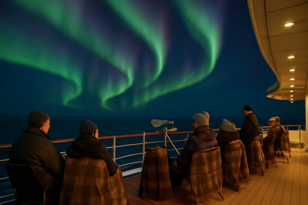 Passengers on heated viewing deck of Northern Lights cruise ship watching Aurora