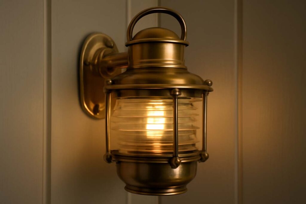 Antique brass ship lantern with modern LED lighting inside on cruise ship