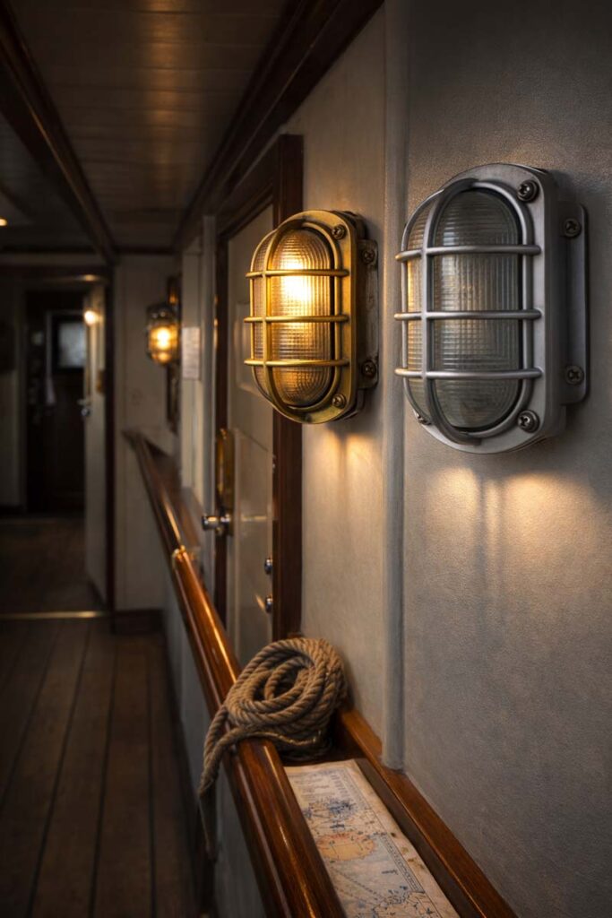 Classic corridor lighting with brass and aluminum fixtures