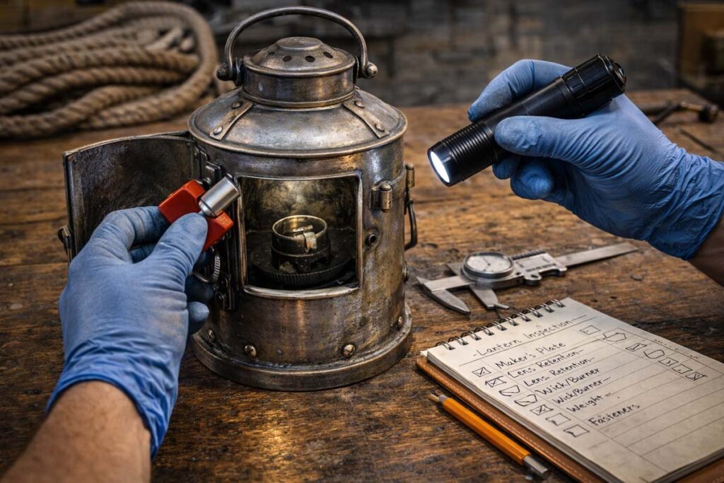 gloved inspection of vintage deck lantern