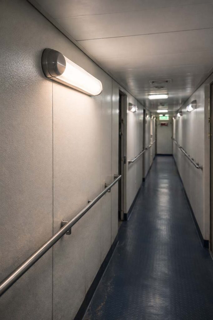 interior ship corridor with passageway lights