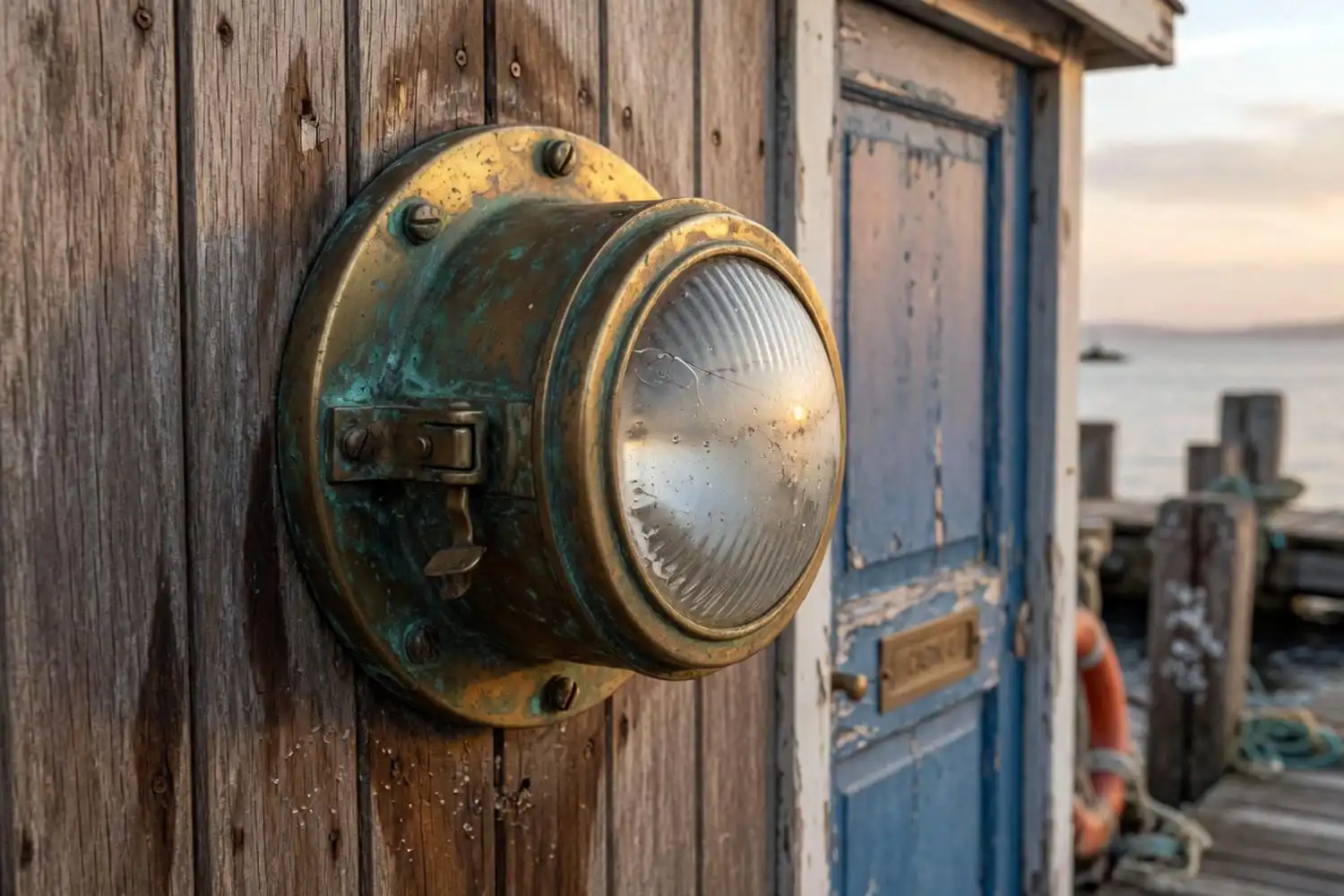 Aged brass bulkhead light with natural green patina from Marine Salvage Antiques Bangladesh