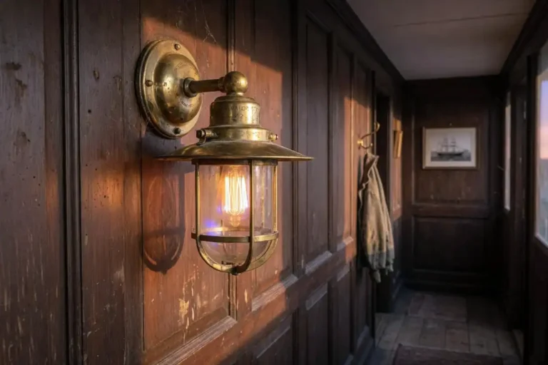 Aged brass vintage ship wall lights glowing in a farmhouse hallway with wood panels