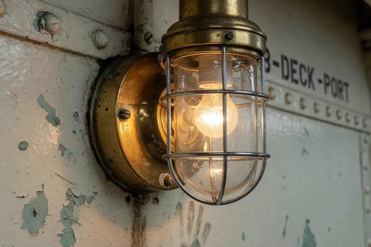 Brass passageway light with glass globe and wire cage on ship hallway