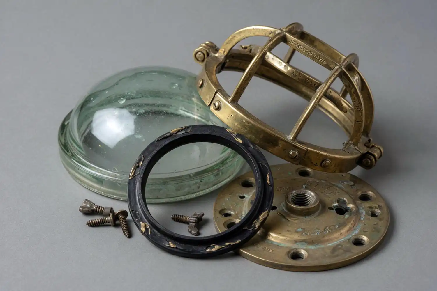 Disassembled vintage brass bulkhead light showing cage glass globe and backplate