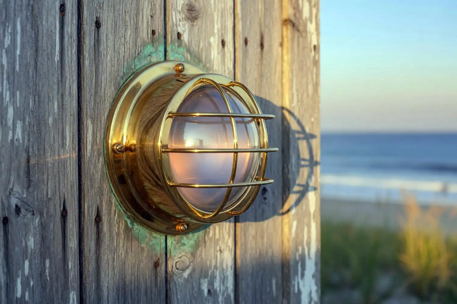 Brass bulkhead light on coastal porch showing indoor vs outdoor design from Marine Salvage Antiques Bangladesh