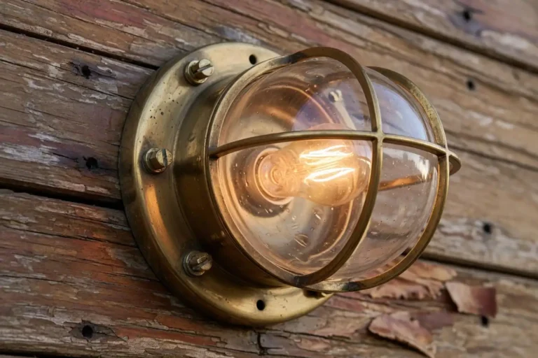 Polished brass bulkhead light glowing on teak wall salvaged in Chattogram Bangladesh