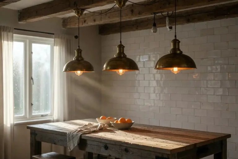 Three brass industrial pendant lights hanging over a wood kitchen island in a Chattogram salvage yard customer home