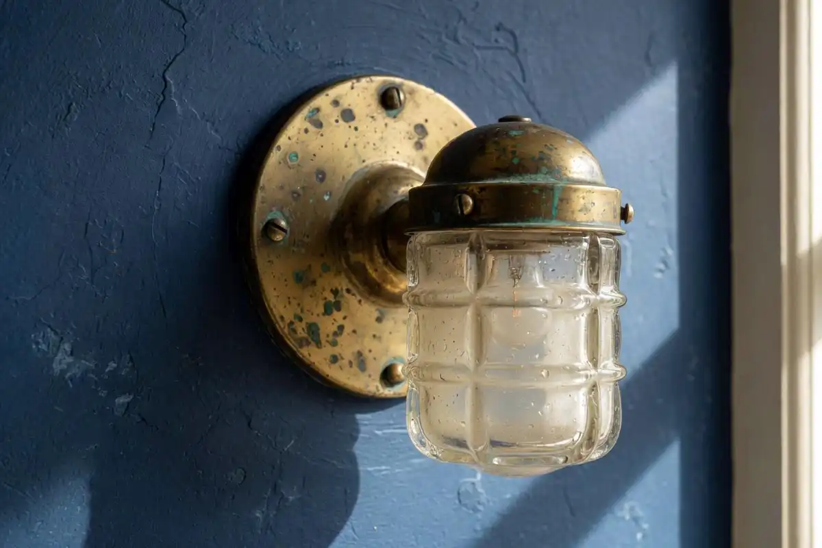 aged brass passageway light on navy blue wall in a coastal home
