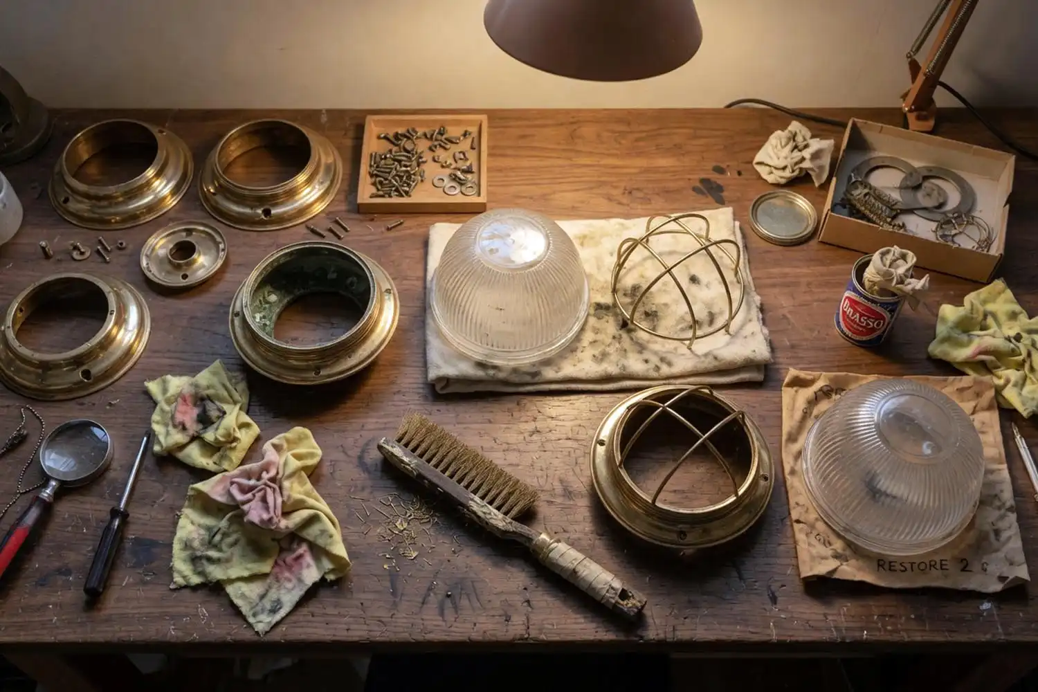 Disassembled vintage brass bulkhead lights laid out on a workshop bench during restoration in Bangladesh