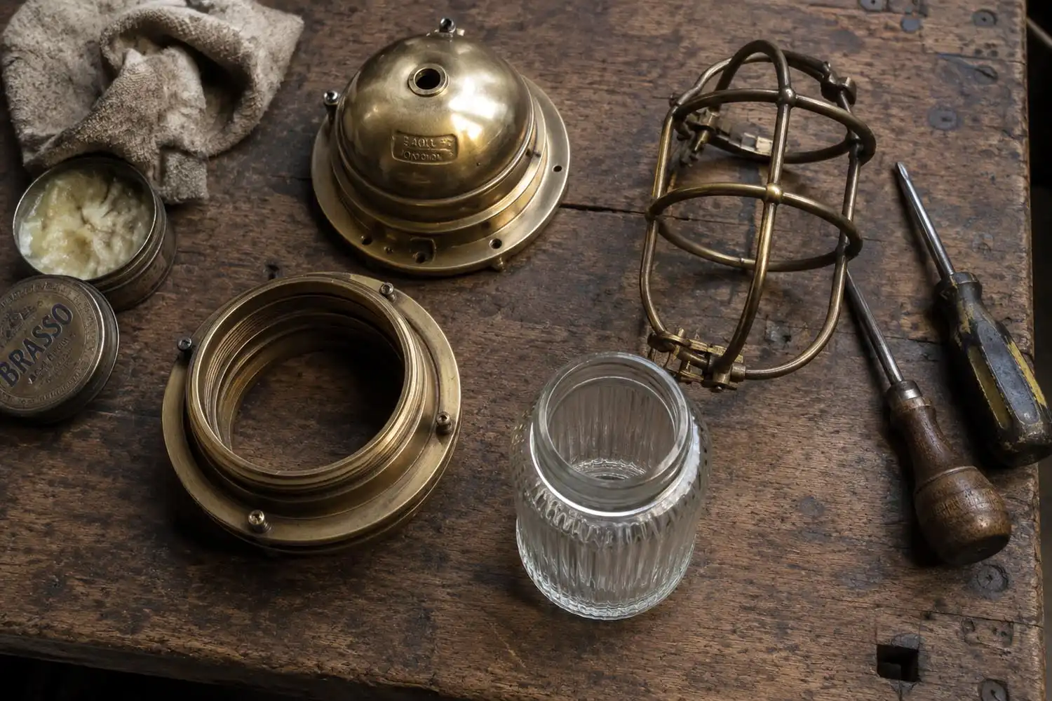 Disassembled brass ship passageway light parts laid out on a workshop bench