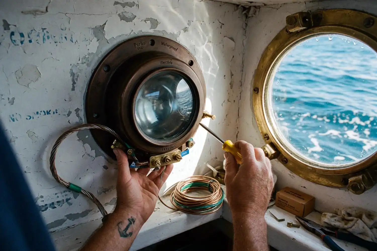 Owner installing a bronze marine bulkhead light inside a yacht cabin in Bangladesh workshop