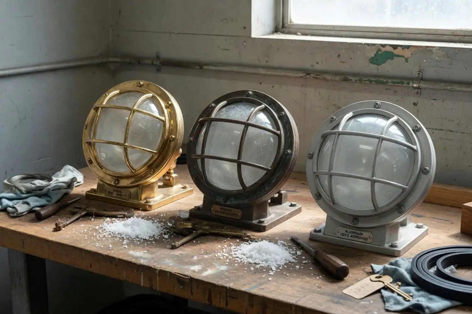 Brass bronze and aluminum marine bulkhead lights compared on a workshop bench