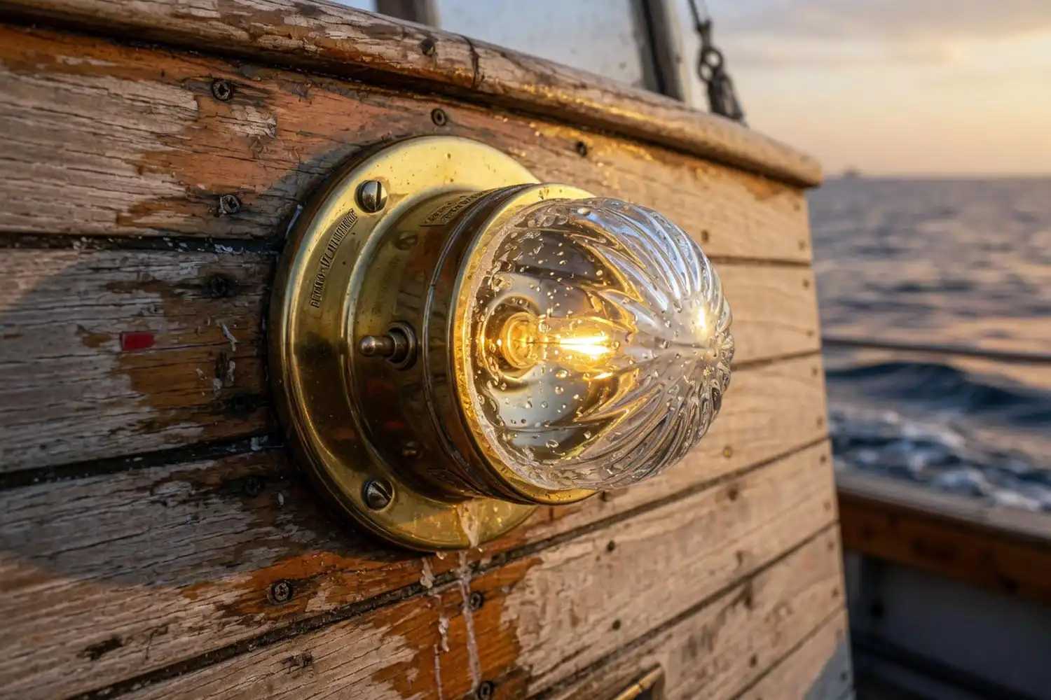 Polished brass marine bulkhead light on a weathered fishing boat cabin wal