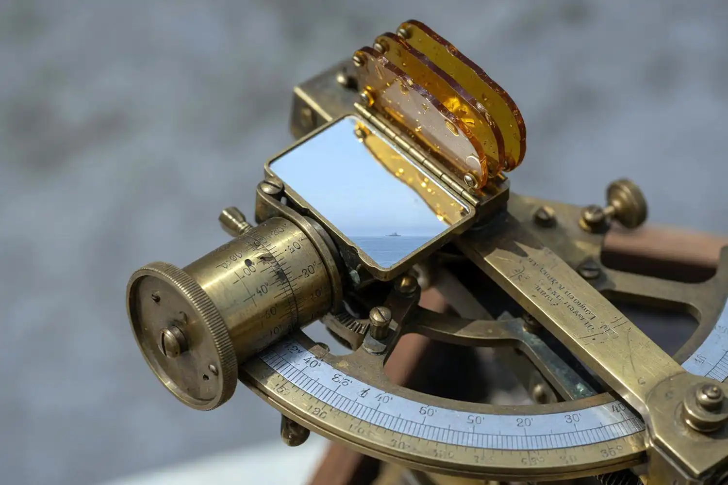Marine sextant vernier scale and index mirror close up detail