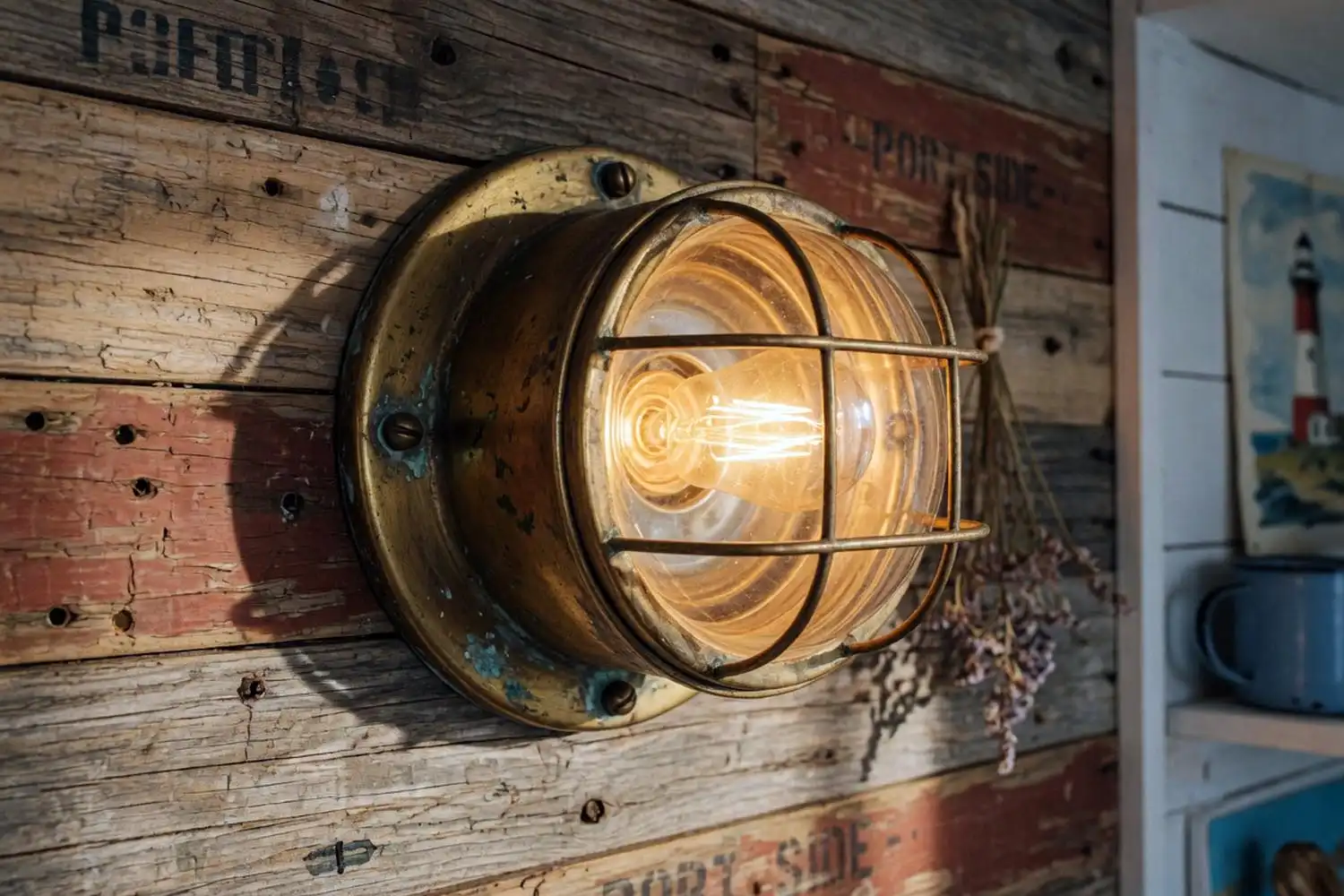 Restored vintage bulkhead light glowing warm on a reclaimed wood wall in a coastal home interior