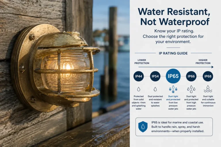 Salvaged brass nautical light with IP rating scale showing water resistant vs waterproof, Chattogram salvage yard