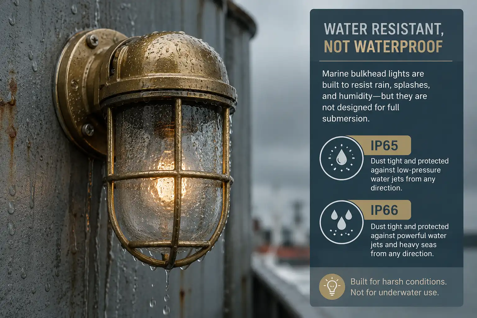 Brass bulkhead light in rain with IP65 and IP66 water resistance ratings explained