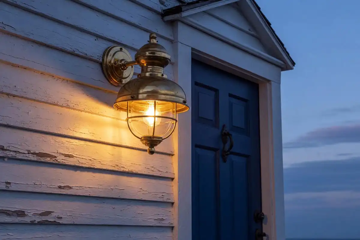 Restored brass nautical wall light glowing beside a white coastal cottage door at dusk in a seaside home
