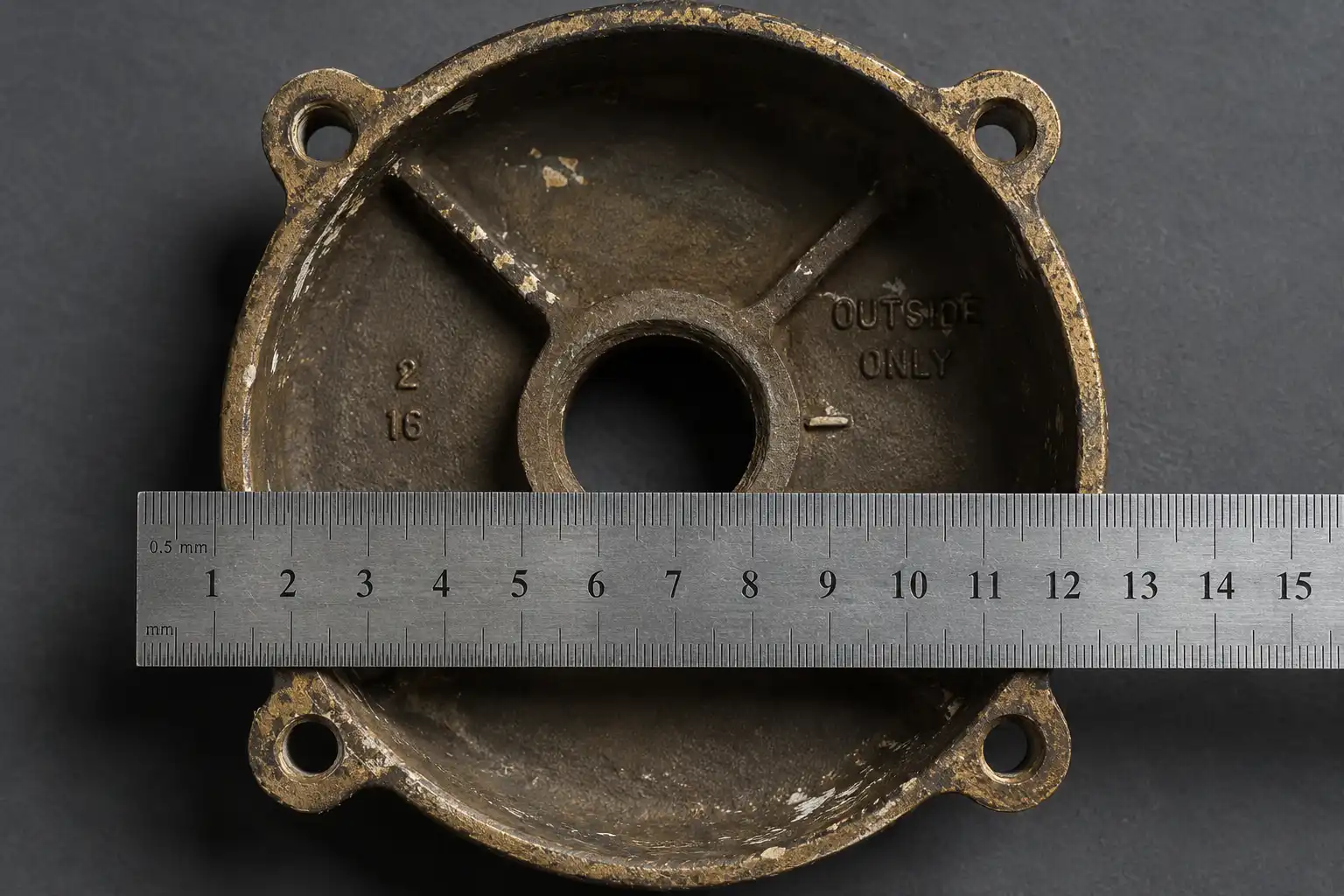 Backplate and fixing holes on a vintage marine bulkhead light, measured before shipping