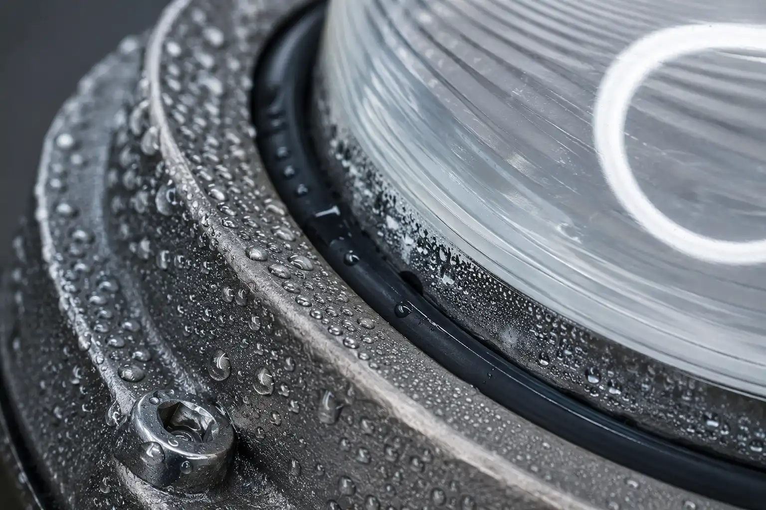 Close-up of a bulkhead light rubber gasket sealing the glass lens against water
