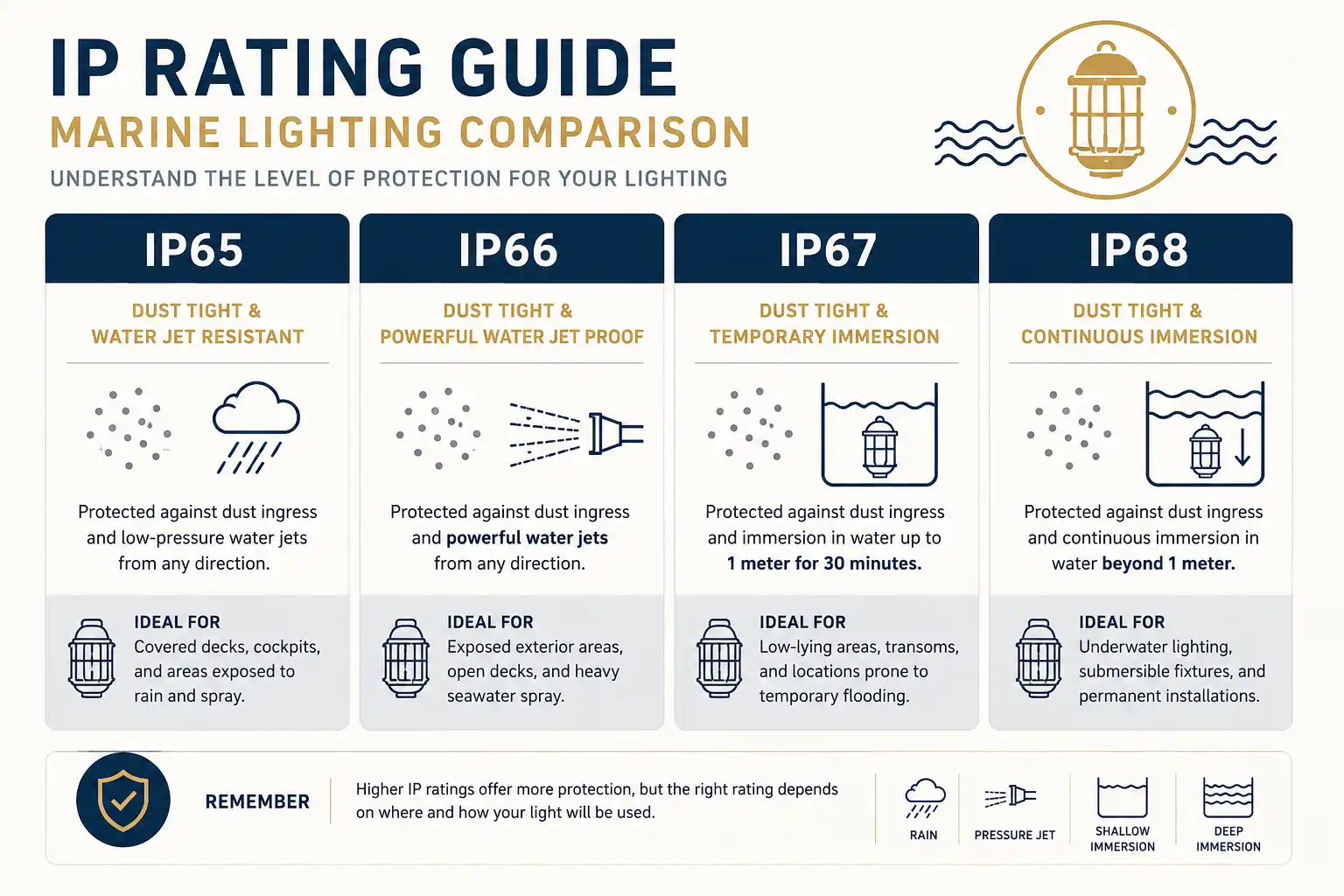 Chart comparing IP65, IP66, IP67 and IP68 protection levels for marine bulkhead lighting