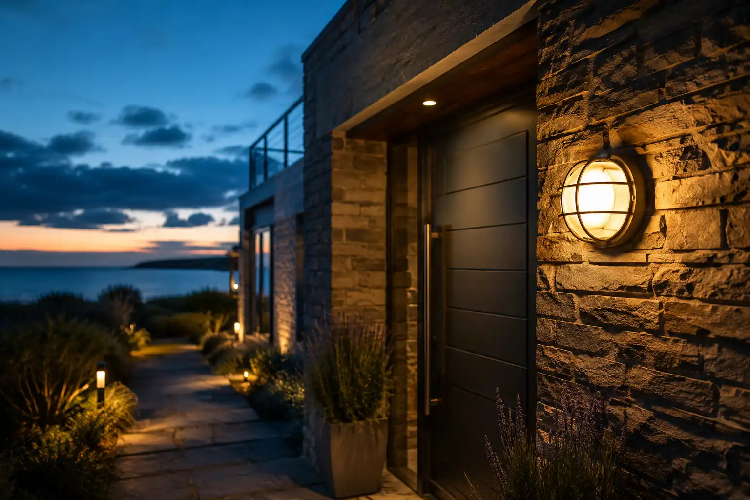 Round bulkhead light mounted on an exterior house wall, glowing warm at dusk