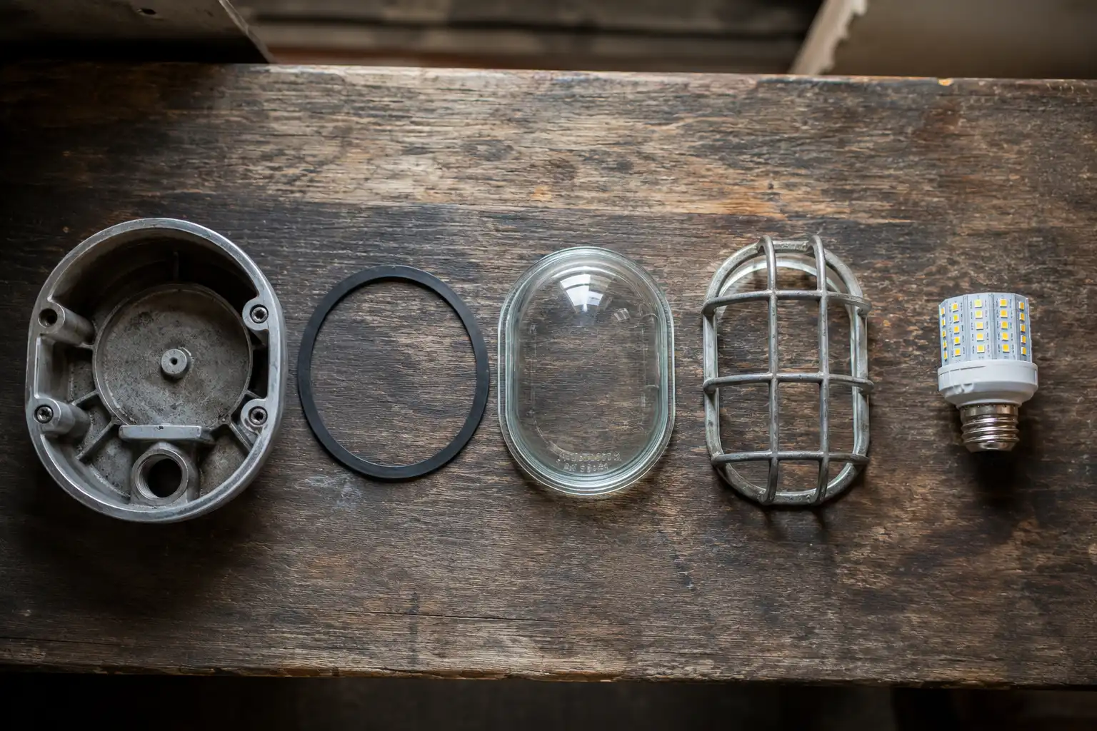 Disassembled bulkhead light parts laid out: aluminum housing, rubber gasket, glass lens, cage and bulb