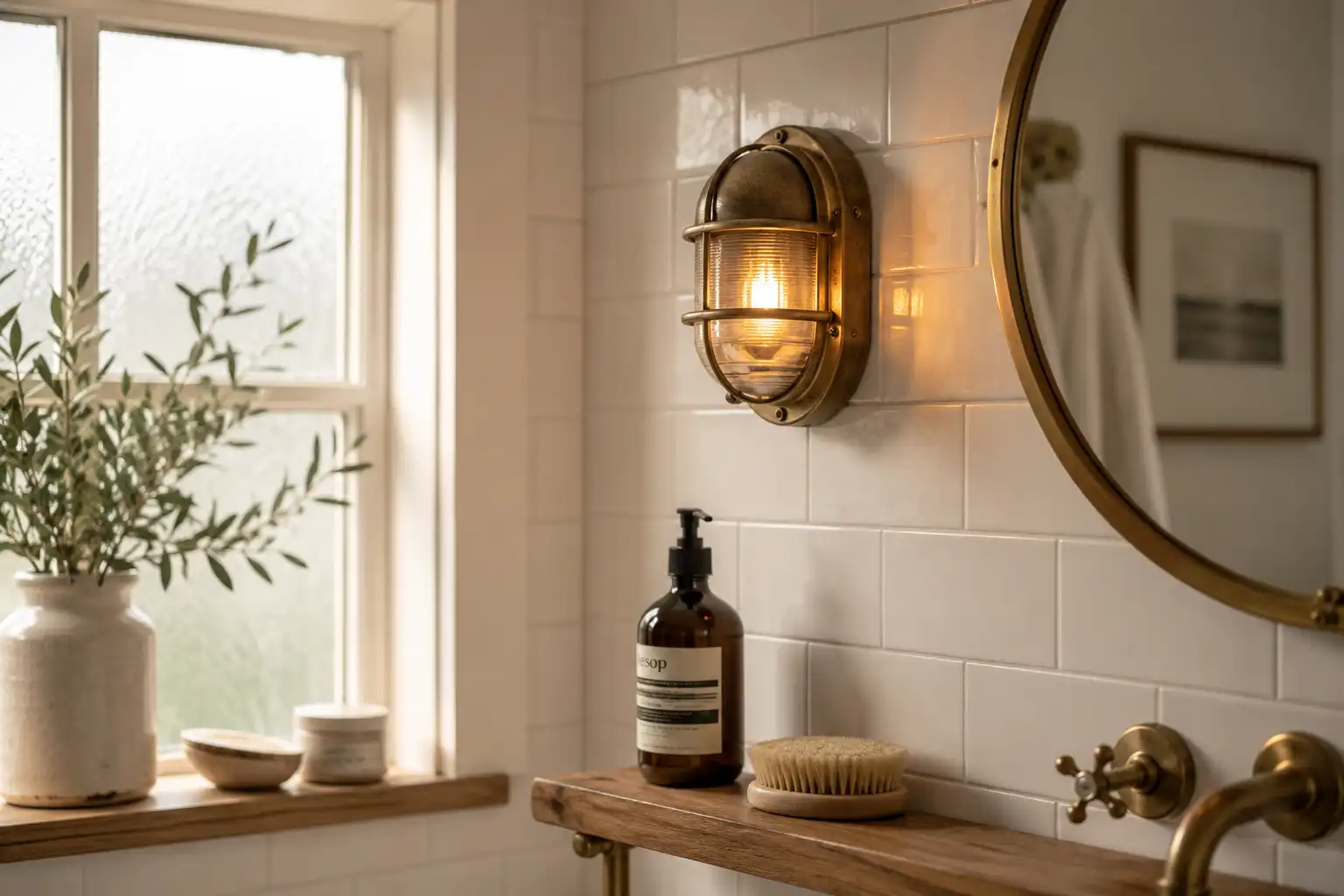 Vintage brass bulkhead light mounted on a bathroom wall beside a round mirror