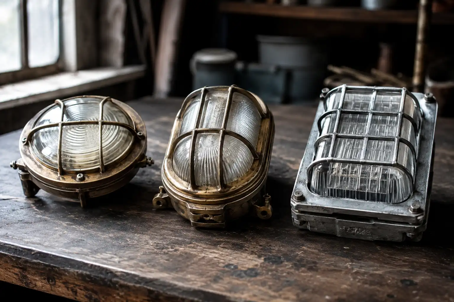 Round, oval, and rectangular bulkhead light types on a salvage workshop bench in Bangladesh