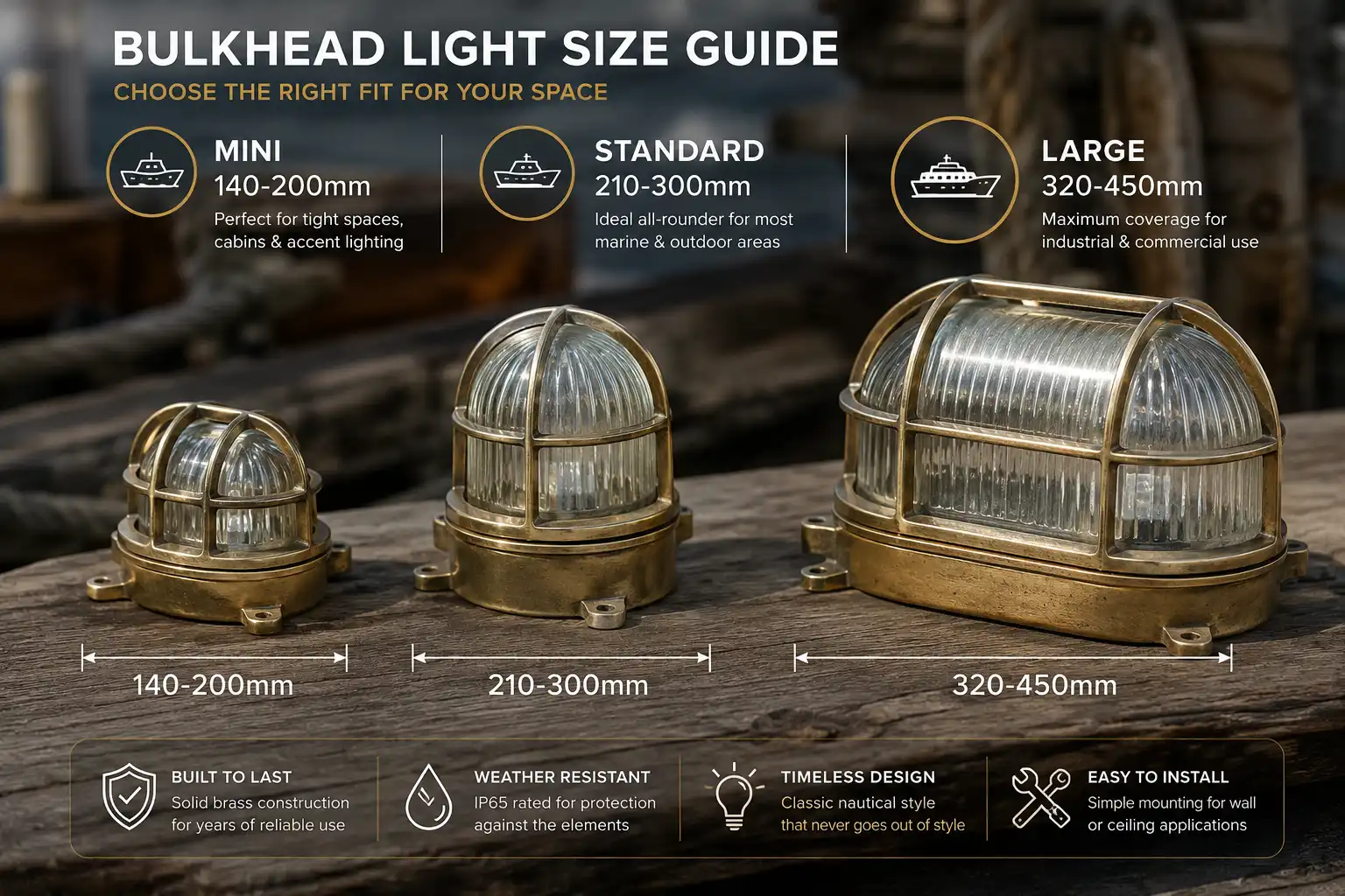Size guide showing mini, standard and large bulkhead lights measured at our Chattogram salvage yard