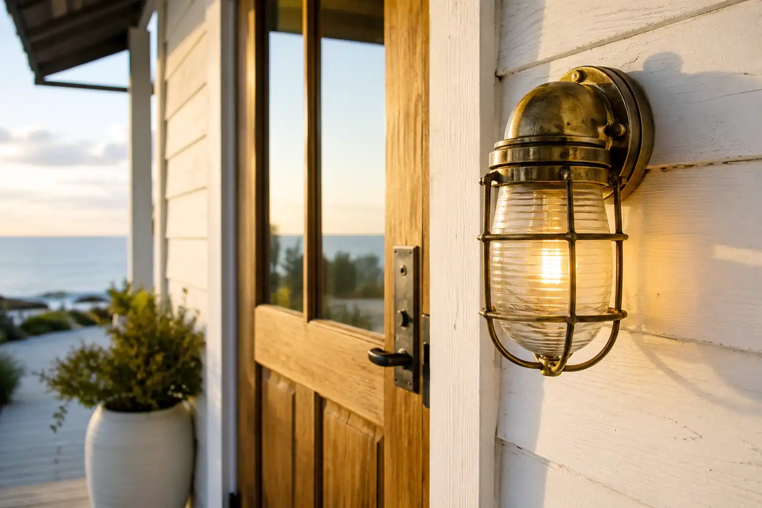 Vintage brass bulkhead light mounted on a modern coastal home entrance wall