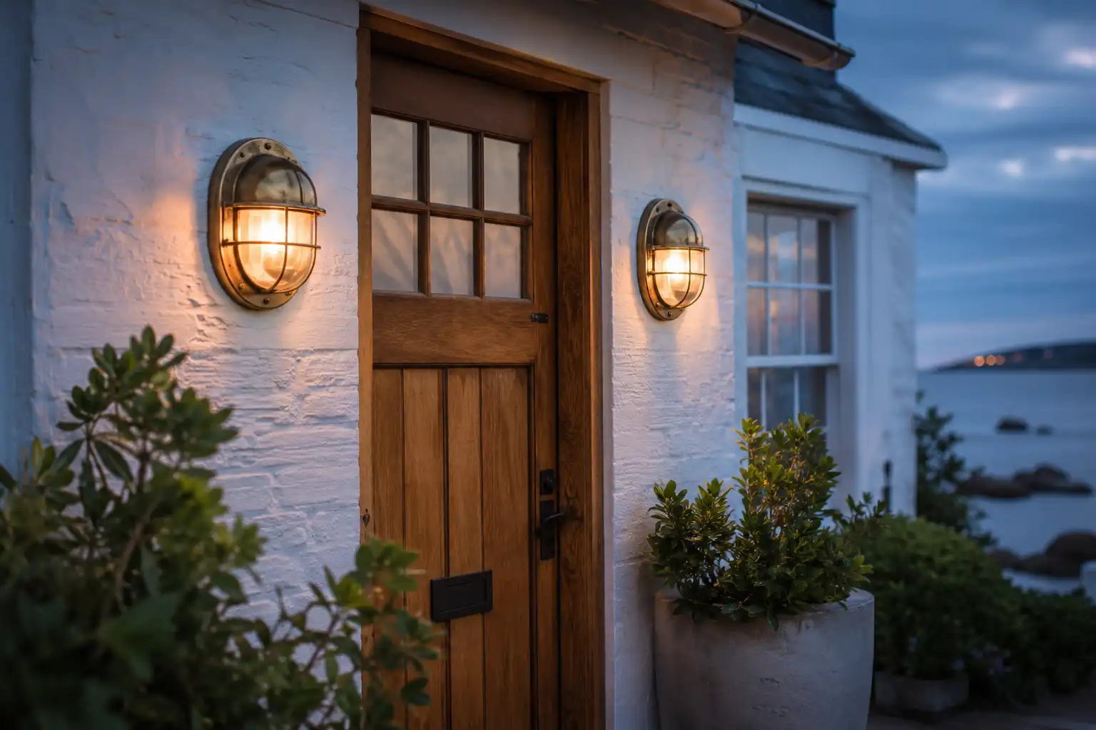 Two brass bulkhead lights placed beside a coastal cottage front door at dusk