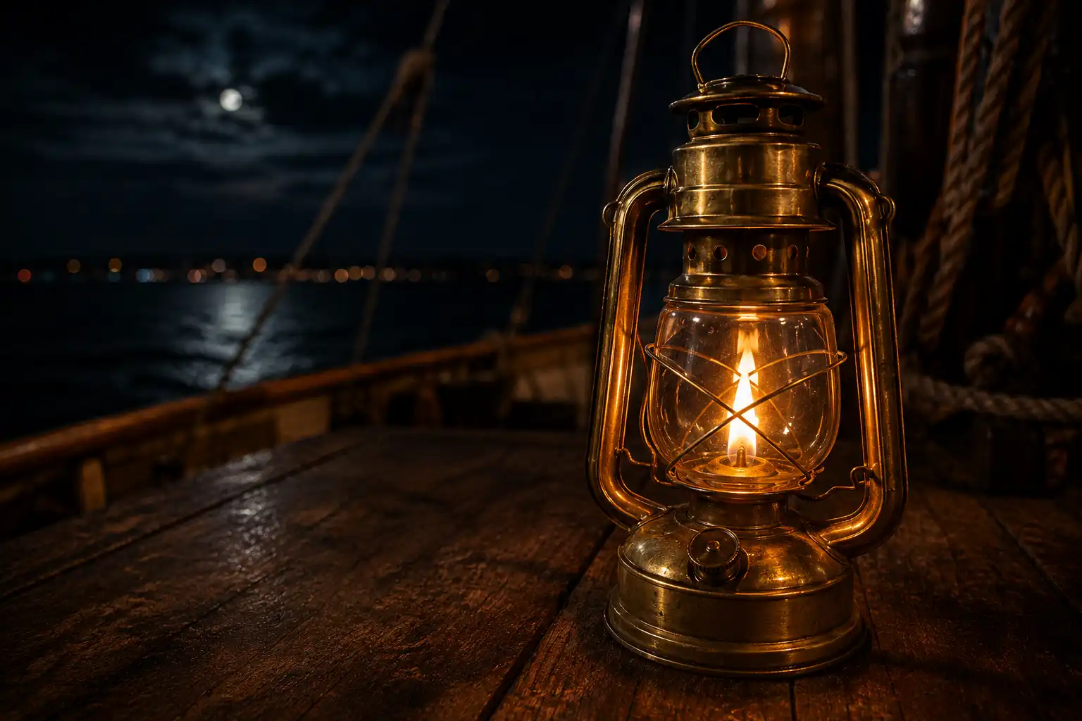 Antique brass oil lamp glowing on a wooden ship deck, an early nautical light before electric bulbs