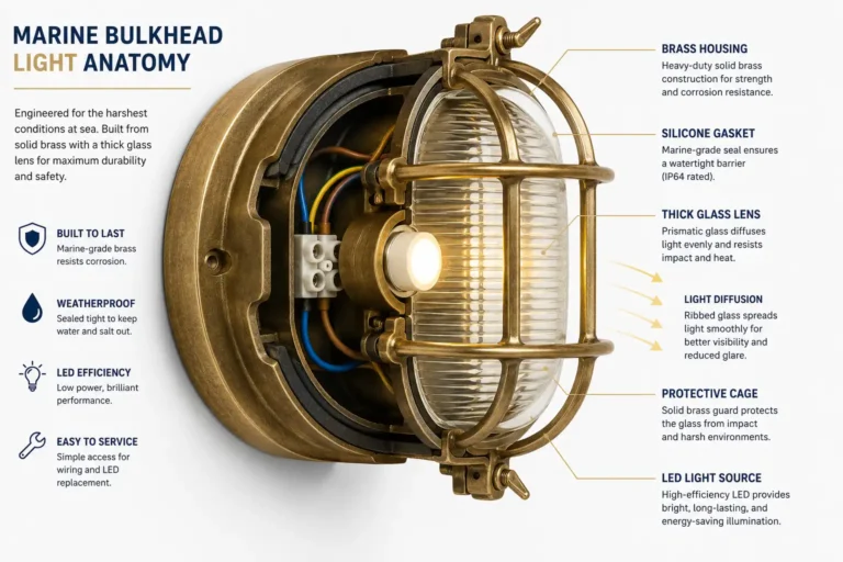 Infographic diagram about how bulkhead lights work, with labeled housing, gasket, lens, cage and LED