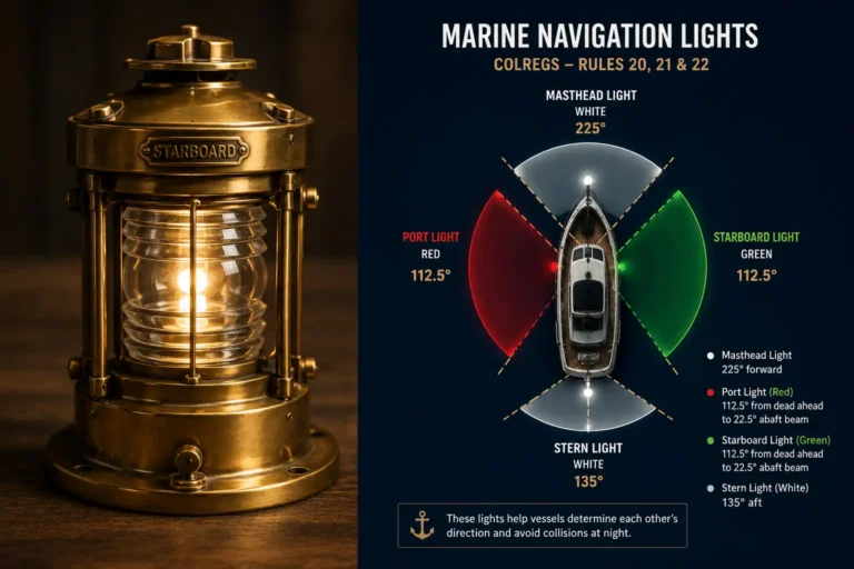 Infographic about how nautical lights work with red port, green starboard, and white stern arcs on a brass ship light