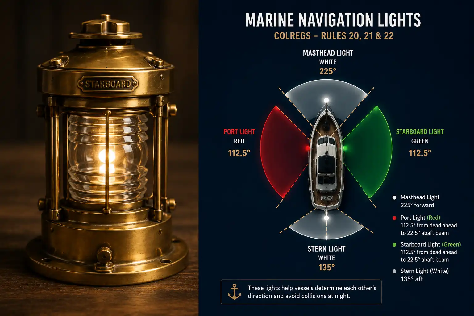 Infographic about how nautical lights work with red port, green starboard, and white stern arcs on a brass ship light