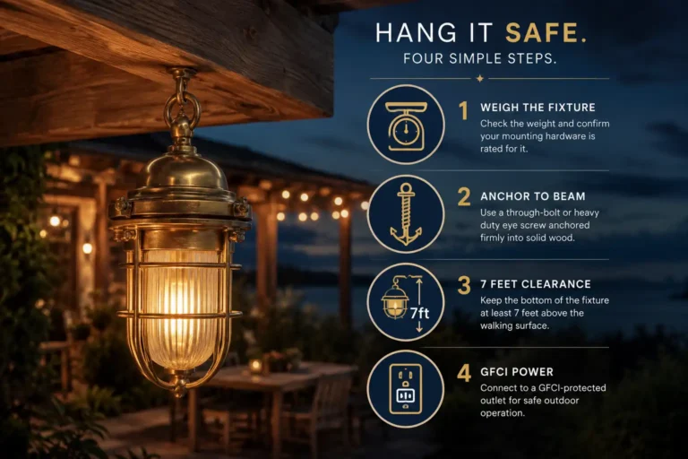 Infographic showing four steps to hang a salvaged brass ship deck light safely on a home pergola