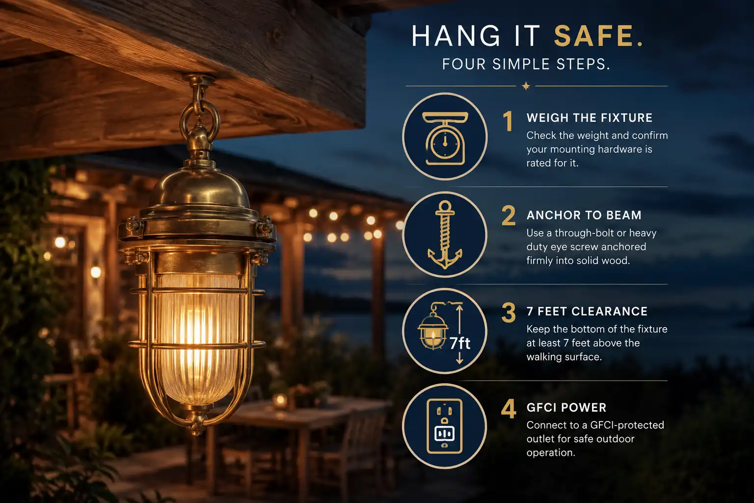 Infographic showing four steps to hang a salvaged brass ship deck light safely on a home pergola