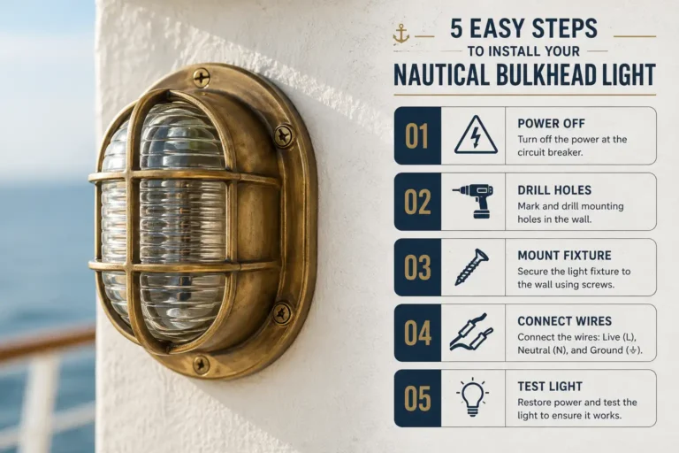 Infographic about how to install bulkhead lights in five steps beside a brass ship light on a wall