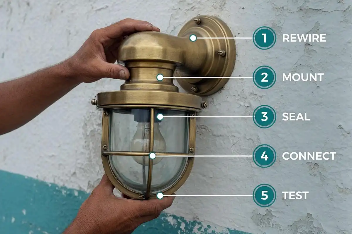 Infographic of how to install nautical lights step by step on a coastal home wall in Bangladesh