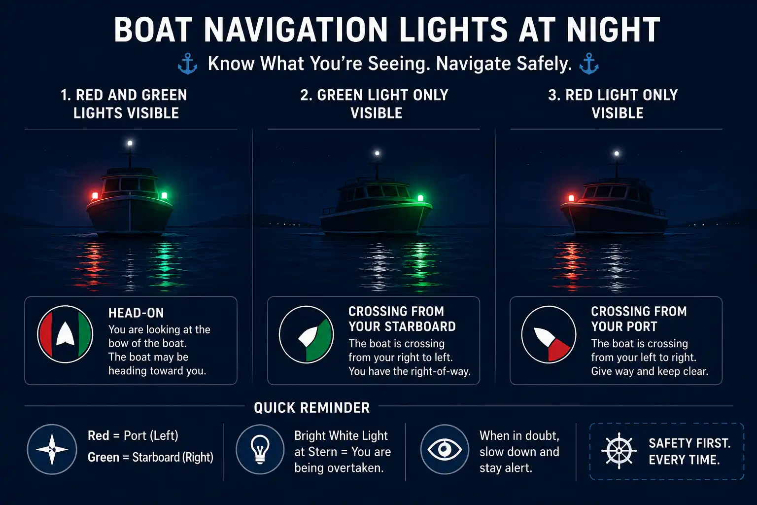 Diagram about how to read red and green ship navigation lights as a vessel approaches at night