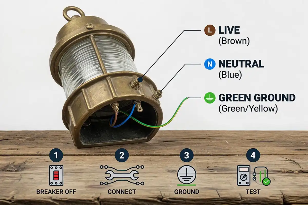 How to wire nautical lights with labeled live, neutral and ground wires at a Bangladesh salvage yard