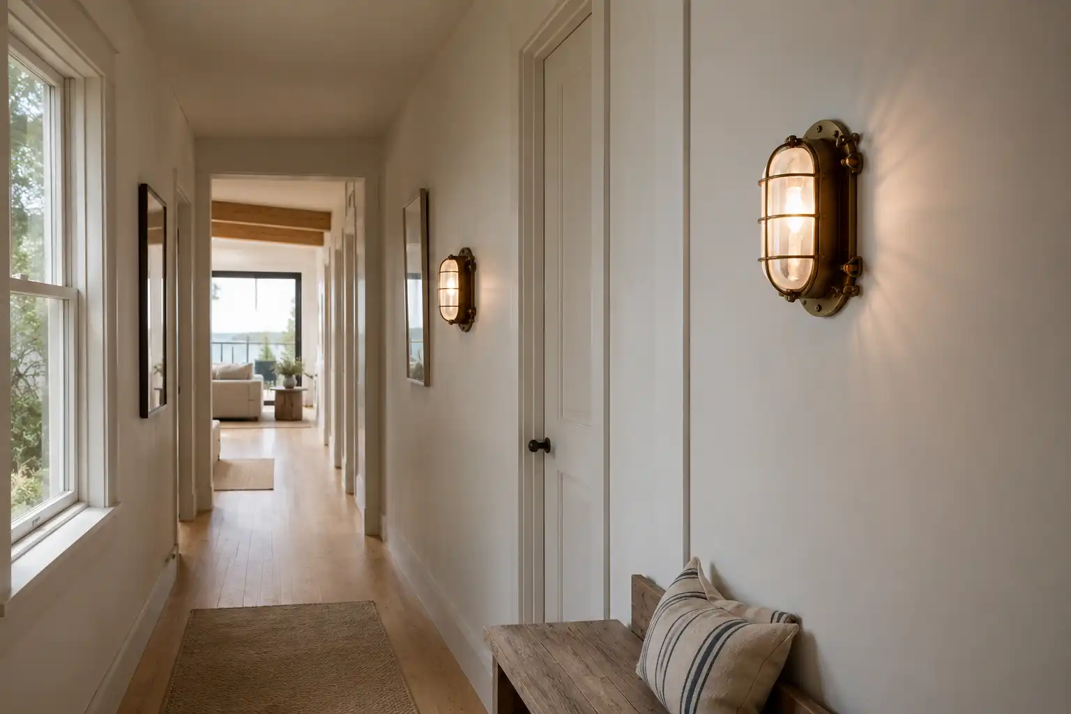 Vintage bulkhead lights mounted along a hallway wall at eye level for even indoor lighting