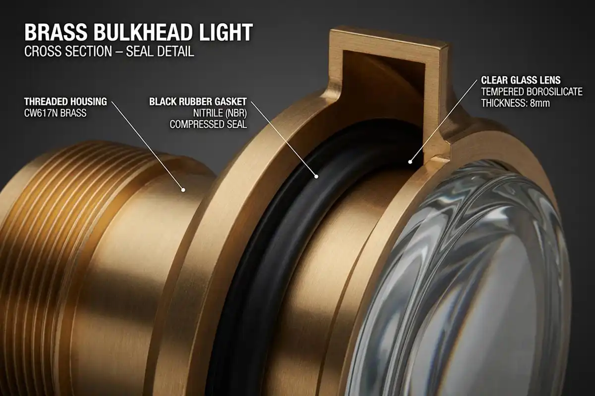 Cross section of brass bulkhead light showing rubber gasket and glass lens that keep water out