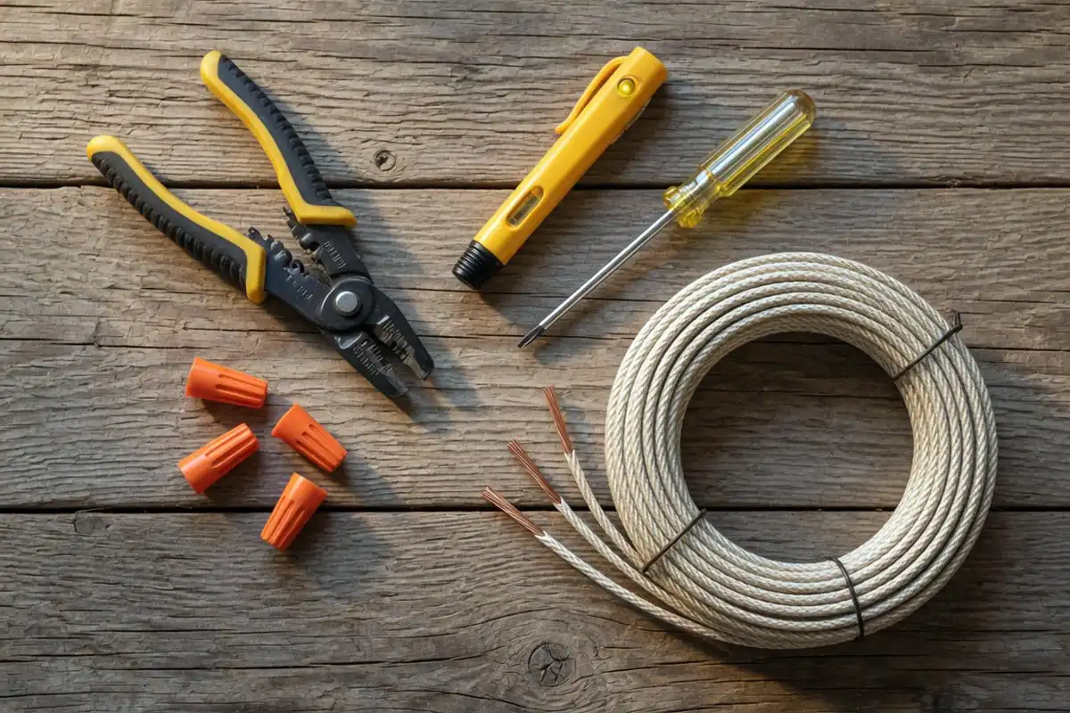 Wire strippers, wire nuts and a voltage tester laid out for wiring a salvaged nautical light